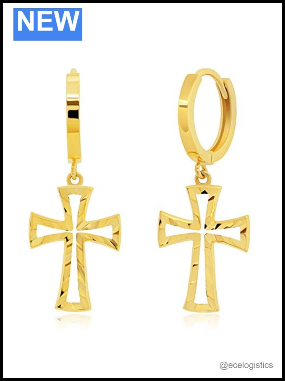 14k Yellow Gold Small Huggie Hoop Earrings Diamond Cut Cross Dangle Women